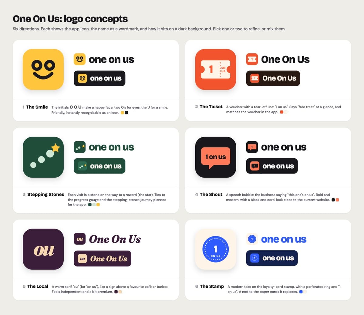 Round one of the logo: six very different ideas.