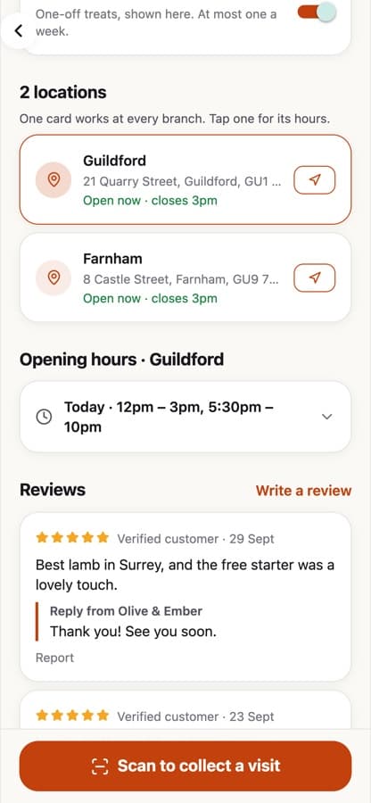 The app showing two branches of one restaurant