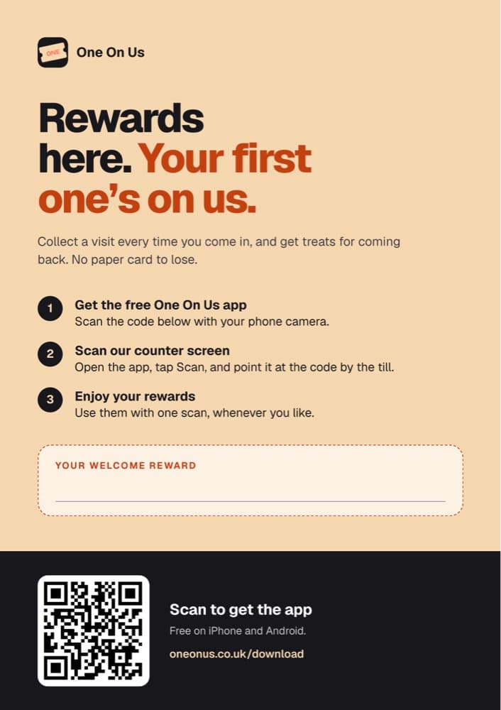 The counter card with a QR code to the app