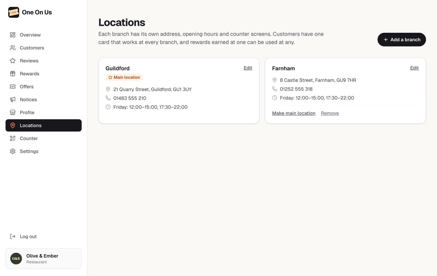 The Locations page in the dashboard