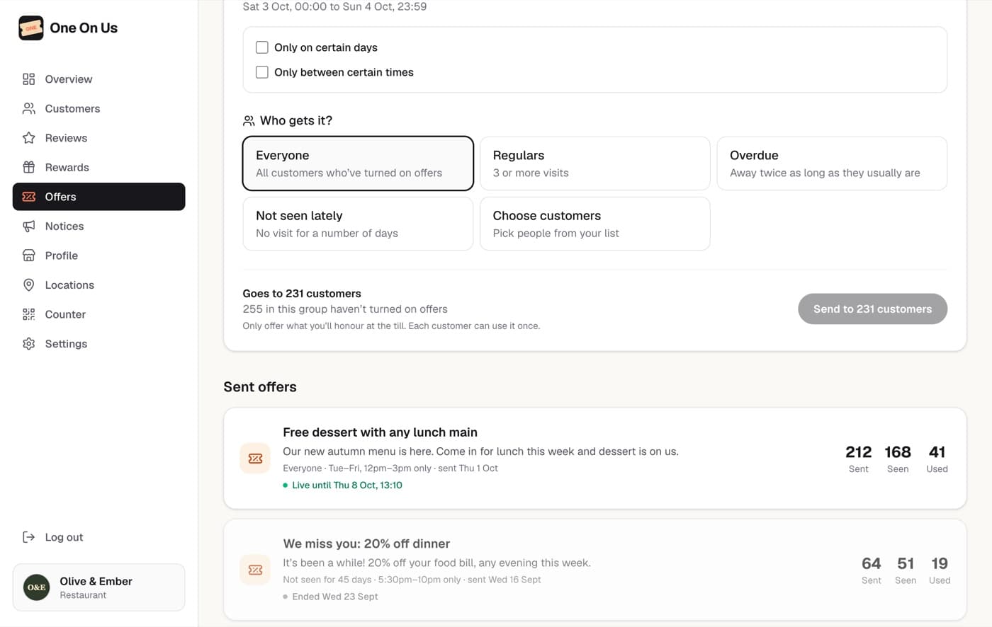 The Offers page, with how many customers used each offer