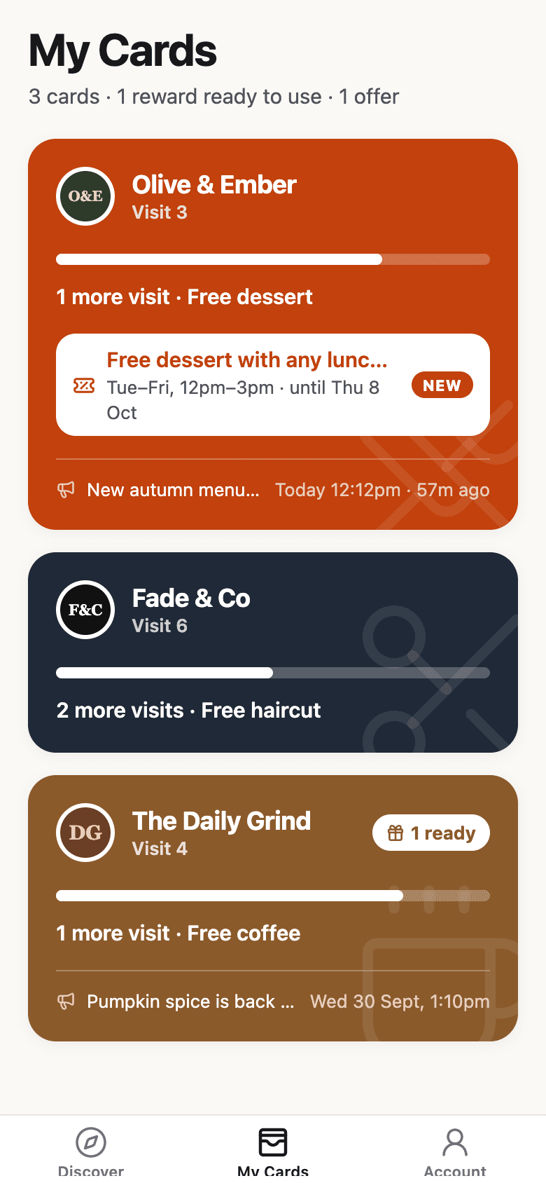 My Cards in the app: three loyalty cards showing visits and the next reward