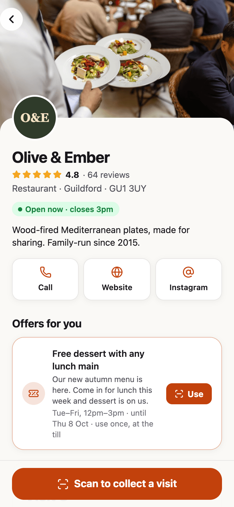 A restaurant's page in the app, with an offer for a free dessert